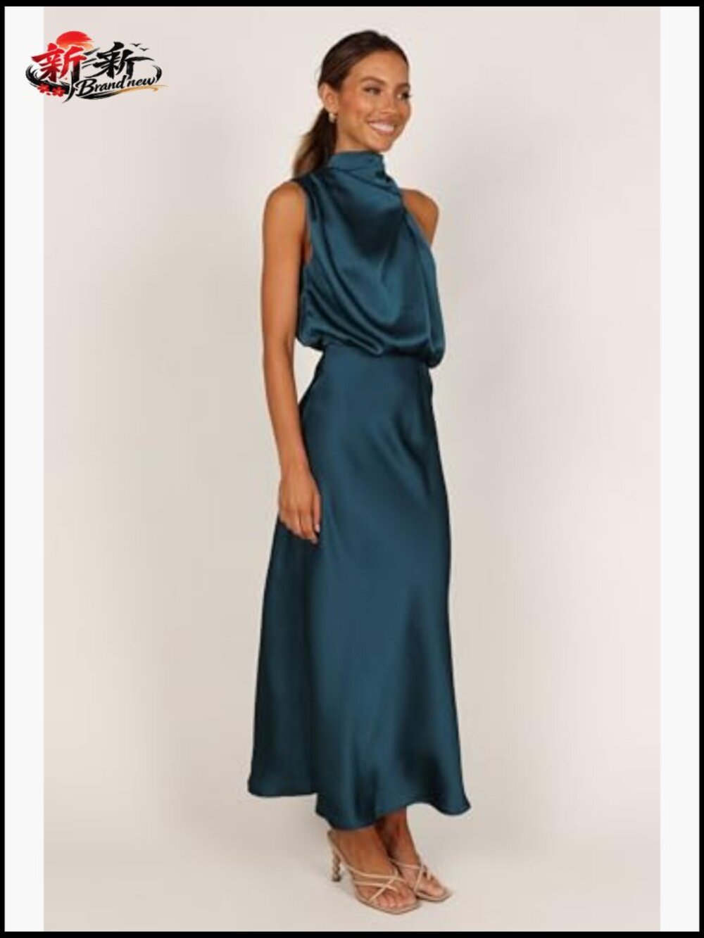 Halter Neck Midi Dress with Asymmetric Neckline and Back Zip - Picture 5 of 6